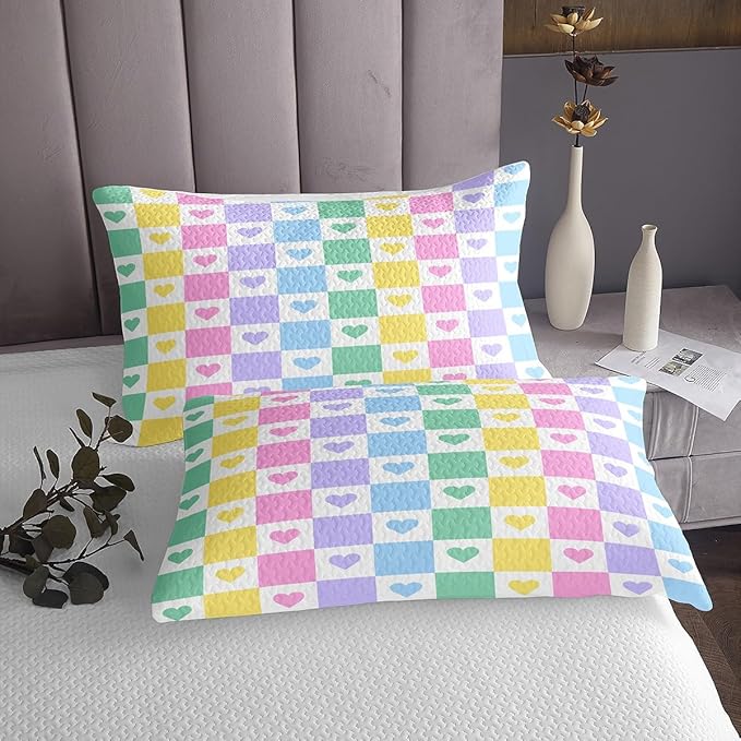 Manfei Cute Love Heart Kids Bedspread Twin Size,Colorful Geometric Plaids Grids Squares Coverlet Set,Girls Women Room Decor,Couple Valentine's Day Quilted Coverlet,Chic Bedding Quilt,1 Pillowcase