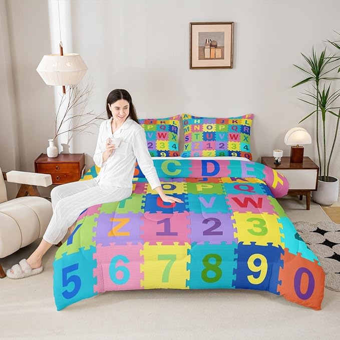 Feelyou Kids Puzzle Alphabet Numbers Comforter Set Full Size ABC Letters Bedding Set for Kids Boys Girls Educational Duvet Quilt English Learning Bedroom Decor Microfiber 3 Pcs with 2 Pillow Cases