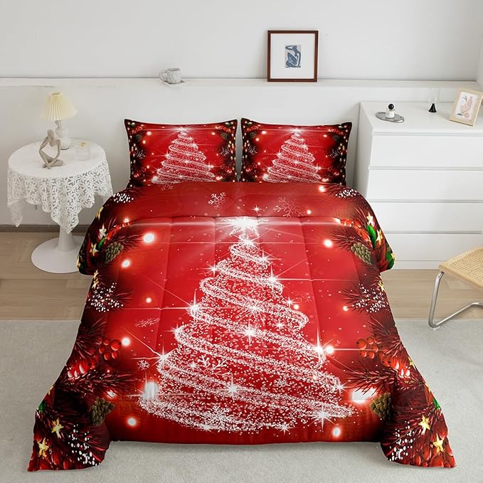 Feelyou Kids Merry Christmas Decorations Comforter Set, Kids Santa Tree Bedding Set Twin Size for Boys Girls Teens Xmas Christmas Bell Decor Comforter Glitter Red Quilt Set