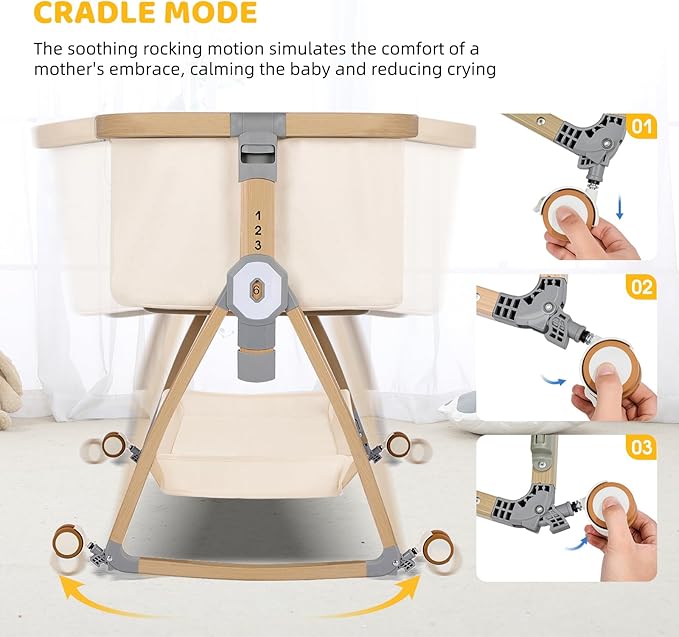 Bassinet Bedside Sleeper,Bedside Bassinet,Rocking Bassinet,3 in 1 Baby Bassinet with Mattress,Mobile,Mosquito Net,Storage Basket,6-Height Adjustable Portable Bassinet with Wheels for Newborn(Beige)
