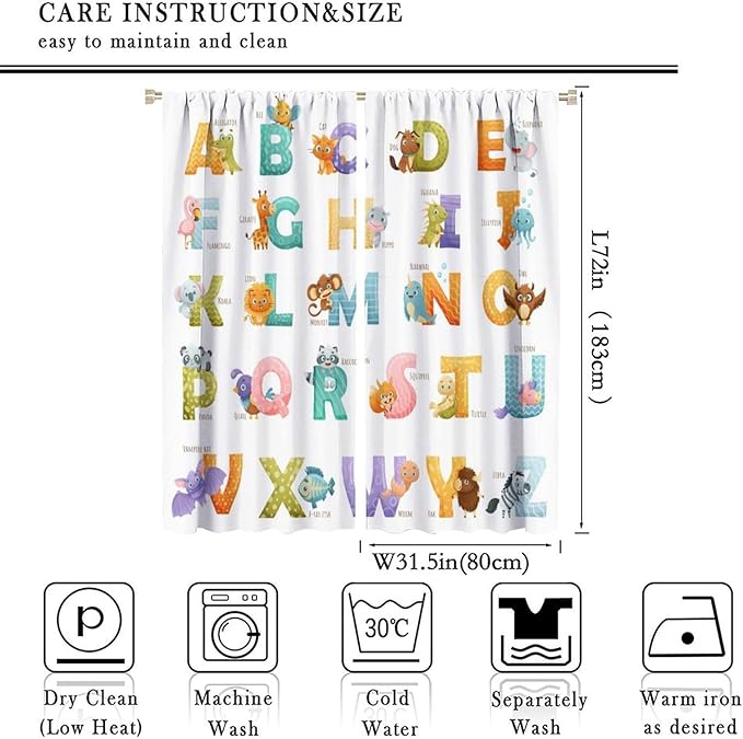 Kids Alphabet Curtains Educational Baby Cartoon Animals Colorful Cute Curtain with Rod Pocket for Nursery Living Room Home Decor Drapes Window Treatments 2 Panels Set 63x72in