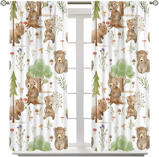 Forest Animal Curtains,Kids Home Bedroom Window Treatments, Cartoon Watercolor Bear Squirrel Woodland Animal Drapes 63x63in
