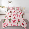 Feelyou Santa Claus Bedding Set Soft for Boys Girls, Pink Bow Comforter Set Full Size Christmas Ornament Duvet Quilt Microfiber Candy Cane Bedroom Decor Holly Berry 3 Pcs with 2 Pillow Cases