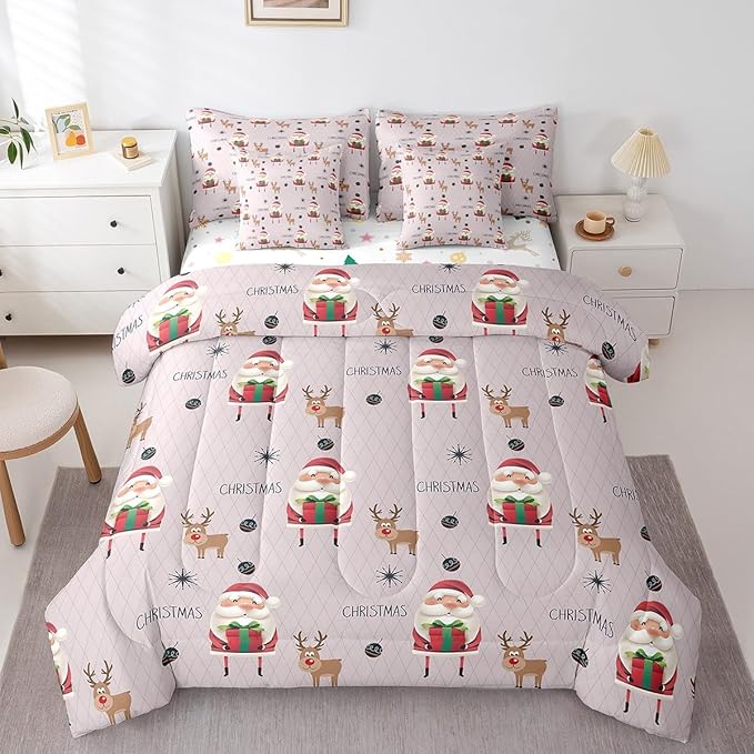 Santa Claus Bed Set Christmas Deer Bed in a Bag for Kids Boys Girls Winter Snowflake Comforter Set with Sheets Merry Christmas Khaki Bedding Set Bedroom Collection Queen Size