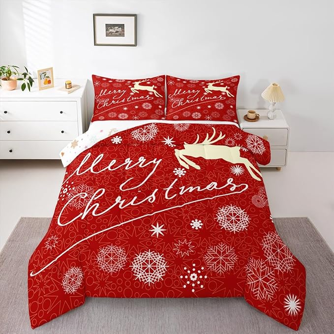 Merry Christmas Kids Comforter Set Full Size,Deer Animal Silhouette Bedding,Girls Boys Adults Bedroom/Xmas Cabin Decor,Snowflake Dot Graffiti Down Comforter,Red Romantic Duvet Insert,2 Pillowcases