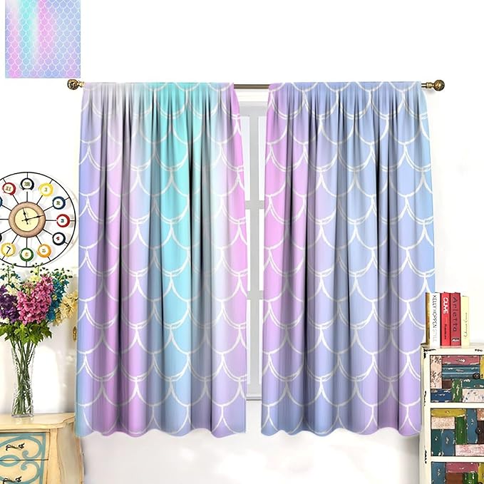 Fantasy Mermaid Curtain Rainbow Mermaid Scales Purple Pink Blue Ocean Theme Dream Blackout Window Treatment for Kids Boys Girls Bedroom Nursery Room Decor Rod Pocket Window Drapes 42x63in