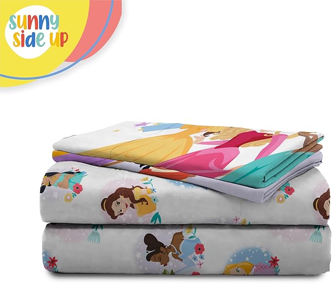 Sunny Side Up Disney Princess Full Sheet Set - 4 Piece Kids Bedding Set Includes Pillow Cover - Super Soft Rainbow Microfiber Sheets Moana, Belle & Rapunzel