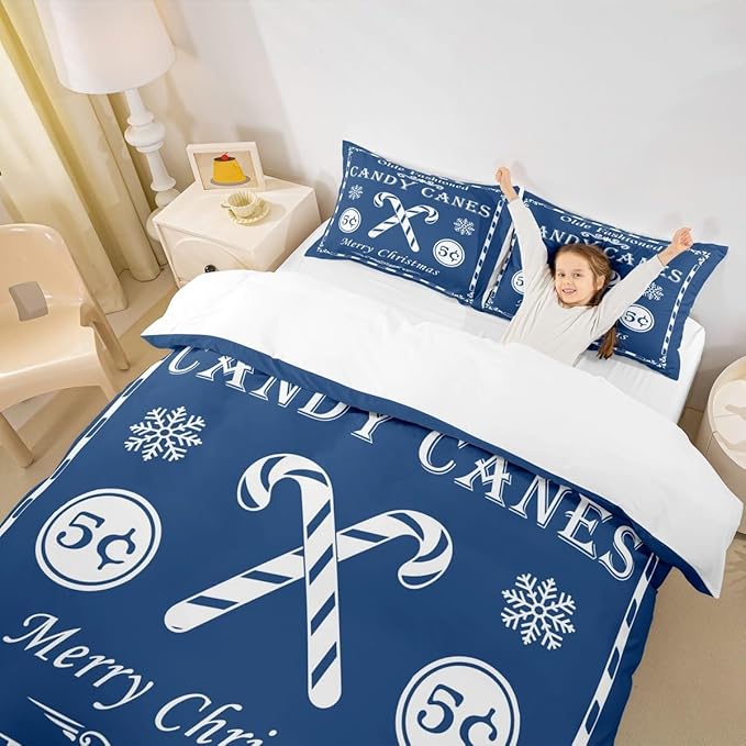 jejeloiu Christmas Bedding Set King Size Kids Christmas Quote Comforter Cover Set for Boys Girls Teens Candy Canes Print Duvet Cover Xmas Bedspread Cover Room Decorations Blue Quilt Cover