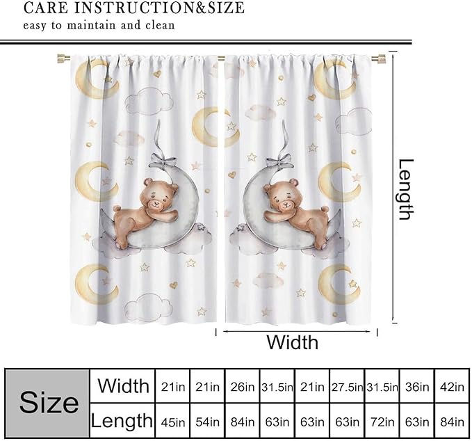 Cartoon Bear Curtains, Cartoon Watercolor Lovely Bear Moon Stars Printed Blackout Window Treatments, Rod Pocket Thermal Insulated Drapes 2 Panel Sets for Kids Bedroom Nursery Classroom, 42"W X 54"L