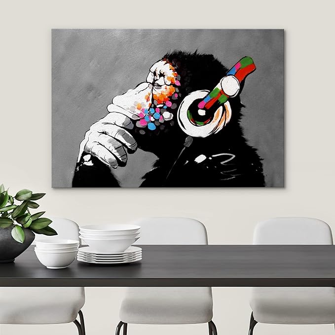 SIGNWIN Framed Canvas Wall Art Banksy Thinking Monkey with Headphones Graffiti & Street Art Famous People Pop Art Modern Urban Multicolor for Living Room, Bedroom, Office - 32x48 inches