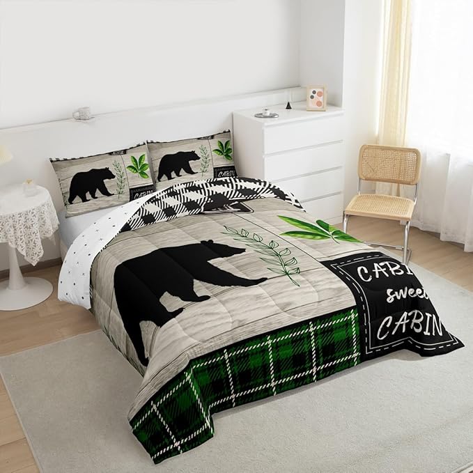 Bear Silhouette Kids Comforter Set Full Size,Leaves Wooden Plank Bedding,Girls Boys Adults Bedroom/Xmas Cabin Decor,Geometric Grids Retro Down Comforter,Rustic Farmhouse Duvet Insert,2 Pillowcases
