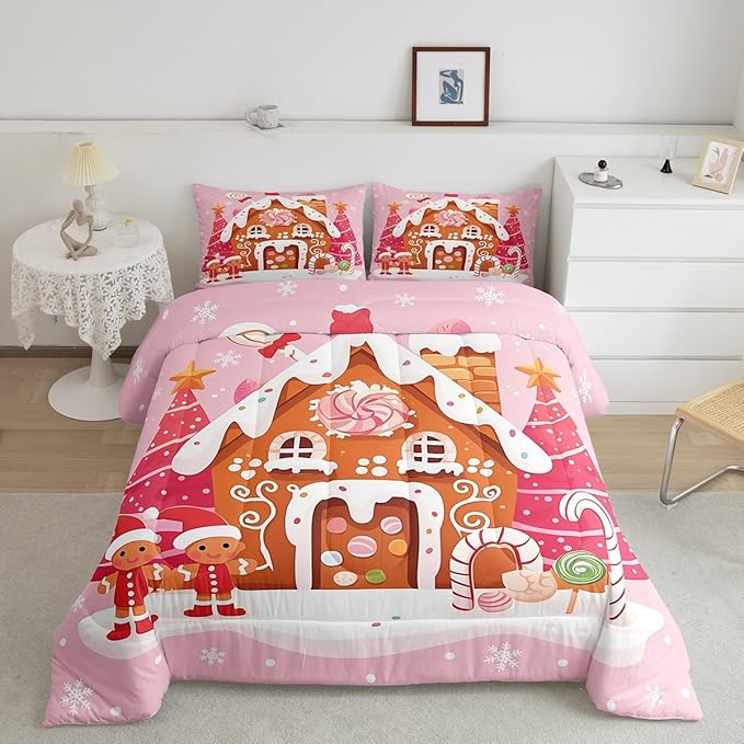 jejeloiu Kids Christmas Theme Comforter Set Queen Size Cute Gingerbread Man Bedding Set for Boys Girls Teens Pink Xmas Tree Candy House Winter Snowflake New Year Duvet Quilt Room Decor