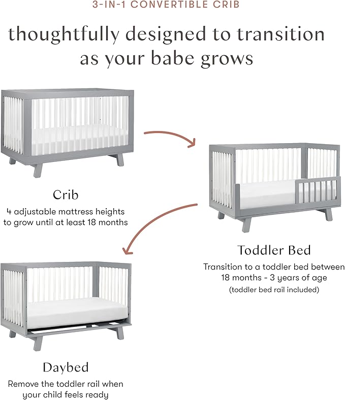 Babyletto Hudson 3-in-1 Convertible Baby Crib with Toddler Bed & Daybed Conversion - Strong, Durable & Easy to Assemble - GREENGUARD Gold Certified w/ 4 Adjustable Mattress Heights - Grey and White