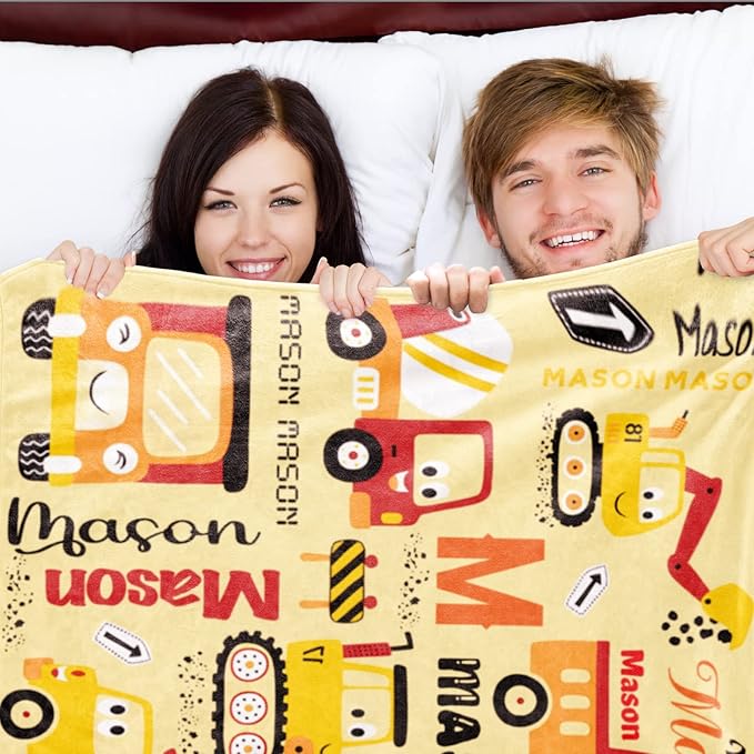 Personalized Construction Blanket for Boys Girls with Name, Custom Name Blanket Construction Vehicles, Soft Flannel Teen Blankets Customized Gift for Birthday Christmas-50x60in