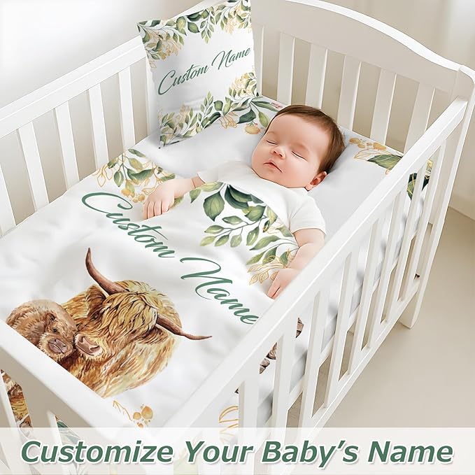 Personalized Baby Crib Bedding Set,3 Piece Custom Name Nursery Set with Blanket, Fitted Sheet & Pillowcase for Baby Girls & Boys, Highland Cow Theme(Fixed Size)