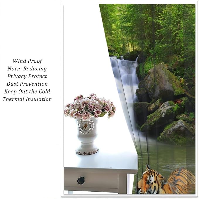Forest Waterfall Landscape Blackout Window Curtains, Animals Tigers Waterfall Woodland Natural Window Drapes, for Living Room Bedroom 63" W X 63" L
