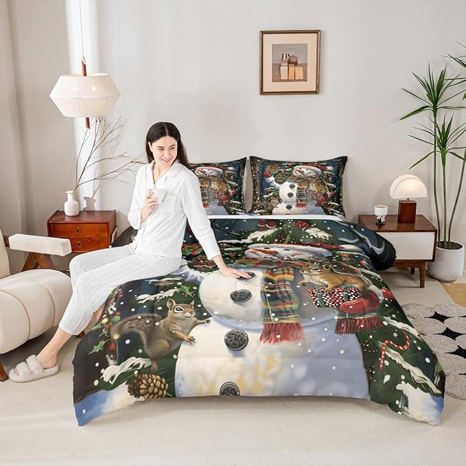 Feelyou Christmas Kids Comforter Set Toddler Size Snowman Squirrel Bedding Set Snowflake Gift Duvet Quilt for Kids Boys Girls Bedroom Branch Berry Decor Microfiber Ultra Soft Breathable
