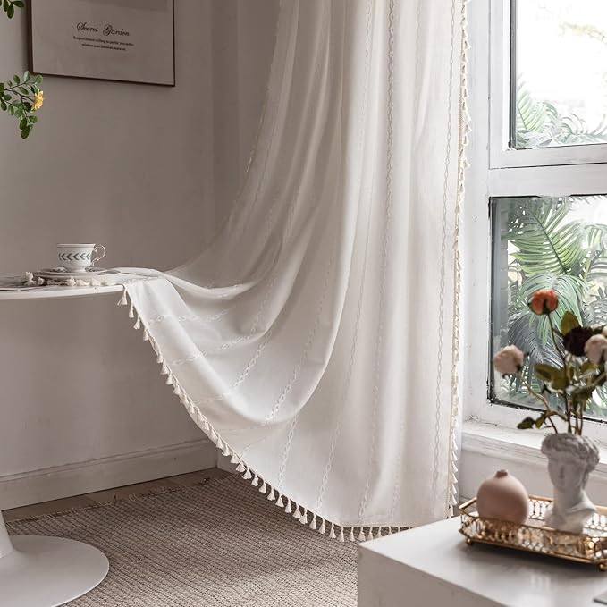 Deeprove White Boho Curtains 63 inches Length for Nursery Bedroom Christmas Decor, Bohemian Embroidery Farmhouse Cream Tassel Cotton Linen French Country Window Treatments, W52 x L63, 1 Panel