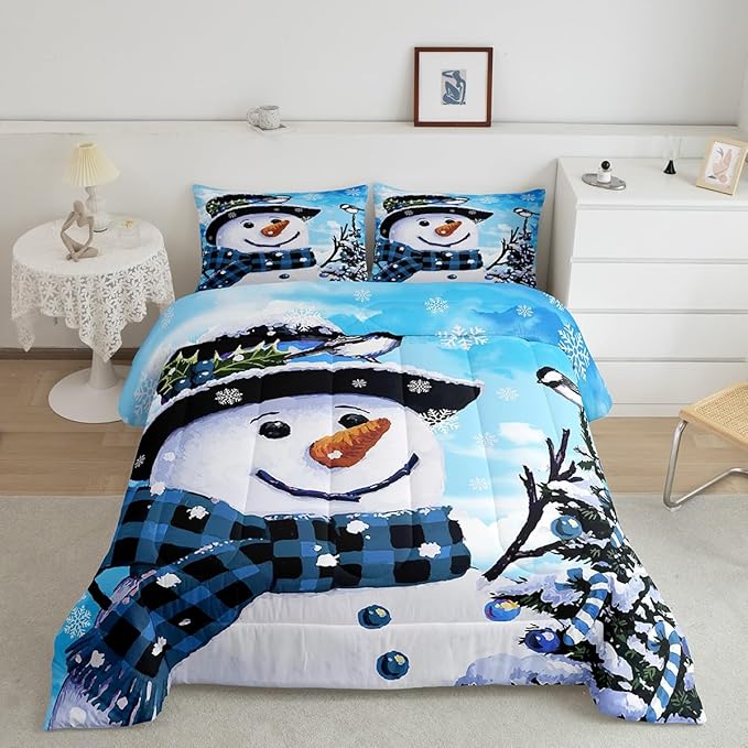 Feelyou Kids Christmas Theme Decorations Bedding Set Xmas Snowman Comforter Set for Boys Girls Cute Comforter Blue Quilt Set Bedroom Collection King Size