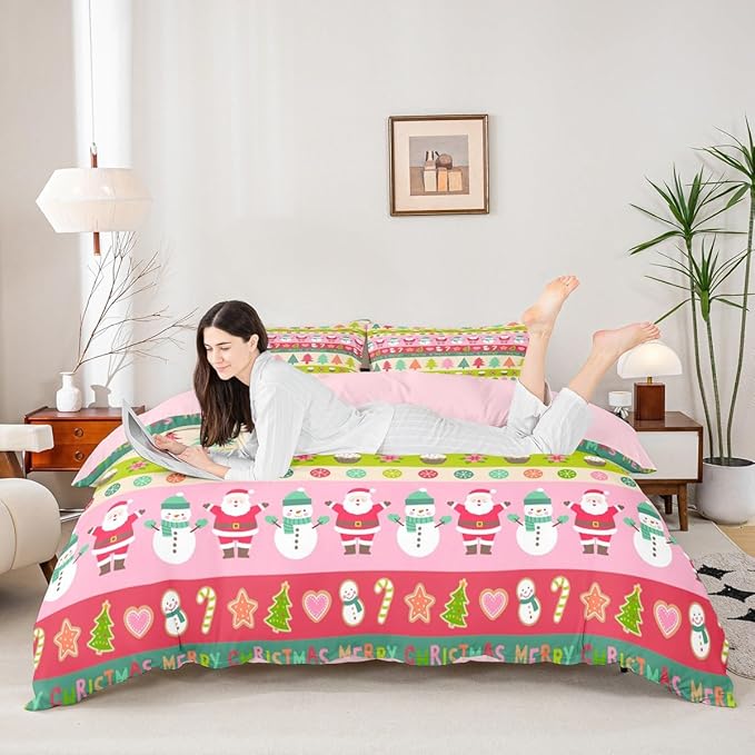 Feelyou Cartoon Christmas Bedding Set for Kids Boys Girls Santa Claus Snowman Comforter Cover Pink Xmas Theme Duvet Bedroom Decor Tree Bedspread Full Size Collection 3Pcs