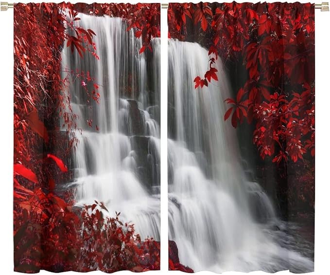 Red Forest Waterfall Blackout Windows Curtains, Waterfall Red Forest Black and Red Natural Landscape Print Window, for Living Room Bedroom 72x63in 2 Panels