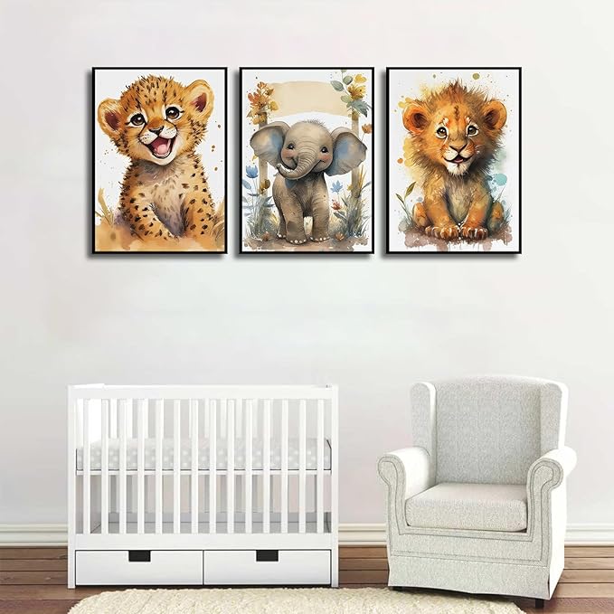 3Pcs Baby Safari Animal Wall Art Jungle Watercolor Animal Wall Decor Picture Painting Nursery Poster Prints Artwork for Boy Girl Room Home Decoration Unframed 12x16 In