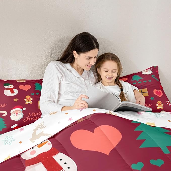 Feelyou Merry Christmas Comforter Set All Season Santa Claus Snowman Bedding Set with 2 Pillow Cases Gingerbread Man Microfiber Kids Full Bedclothes Xmas Tree Deer Bedroom Decor Duvet Quilt Soft