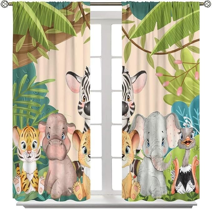 Animals Curtains Colorful Forest Cartoon Cute Zebra Tiger Elephant for Kids Boys Girls Nursery Bedroom Living Room Blackout Rod Pocket Decoration Window Drapes 2 Panels W26xL84in