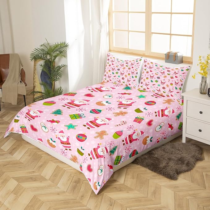 Manfei Christmas Duvet Cover Set Queen Size, Santa Claus Xmas Trees Snowflake Comforter Cover with 2 Pillowcases, New Year Pink Bedding Set 3pcs for Kids Girls Lightweight Bedspread Cover,No Comforter