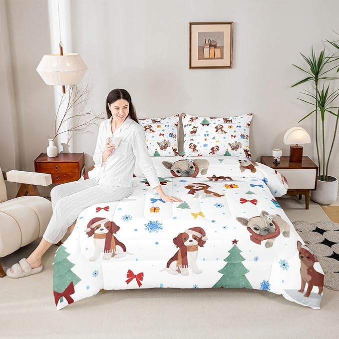 Feelyou Christmas Puppy Comforter Set All Season Festive Pet Bedding Set with 2 Pillow Cases Cute Dog Kids Full Bedclothes Xmas Tree Snowflake Bedroom Decor Duvet Quilt Breathable Soft Lightweight