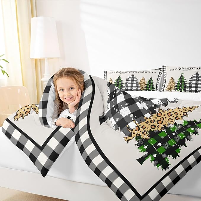 Merry Christmas Kids Comforter Set Queen Size,Leopard Plaids Pines Trees Bedding,Girls Boys Adults Bedroom/Xmas Cabin Decor,Geometric Grids Retro Down Comforter,Rustic Duvet Insert,2 Pillowcases
