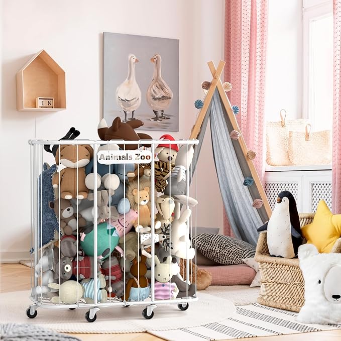 300L Stuffed Animal Organizer Plush Toy Storage Organizer Toy Storage Basket, Kids Toy Storage Bins with Wheels, Metal Frame and Elastic Cord Design, Suitable for Storage of Any Stuff
