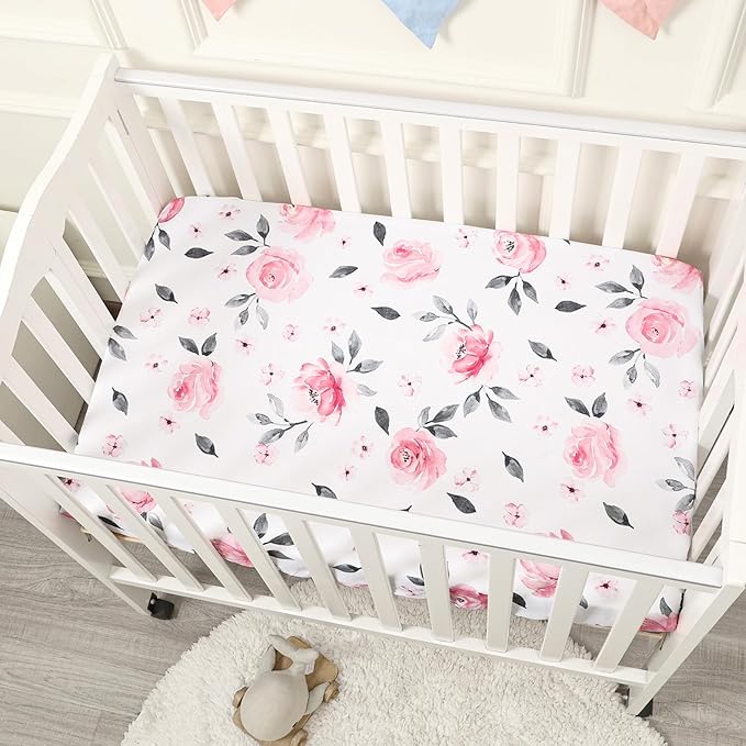 PHF Soft Mini Crib Sheet Set, 2 Pack Silky Comfy Pack N Play Sheets for Girls, Universal Fit for Pack N Play, Playard and Mini Crib Mattresses, Pink Floral