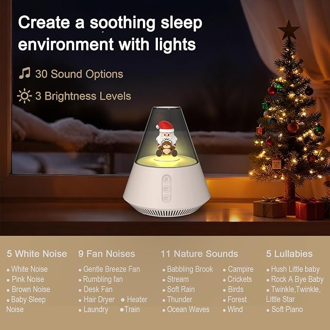 Kipcush White Noise Machine with Santa & Bear Christmas Decor, Warm & Cool Night Light, Auto MemoryTimer, 30 Soothing Sounds for Bedroom, Living Room