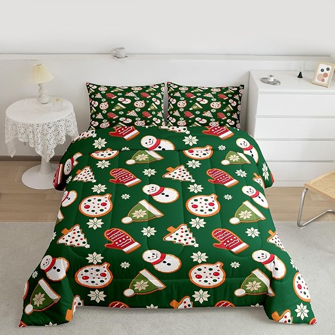 Feelyou Merry Christmas Comforter Set King Size Snowman Bedding Set for Kids Boys Girls Gloves Cookies Duvet Quilt Snowflake Bedroom Decor Microfiber 3 Pcs with 2 Pillow Cases