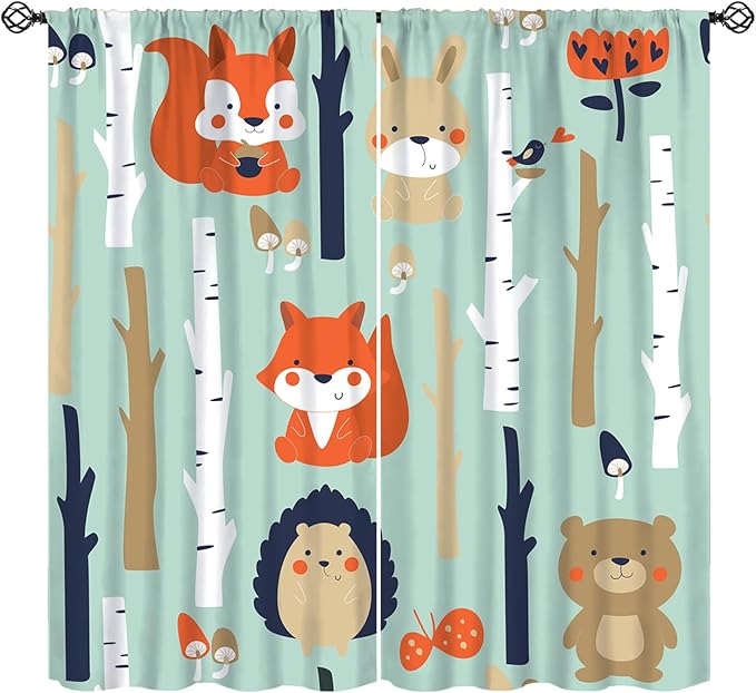Cute Animals Curtains, Cartoon Fox Hedgehog Hare Forest Trees Blackout Window Treatments, Rod Pocket Thermal Insulated Drapes 2 Panel Sets for Kids Bedroom Nursery Classroom, 42" W X 54" L
