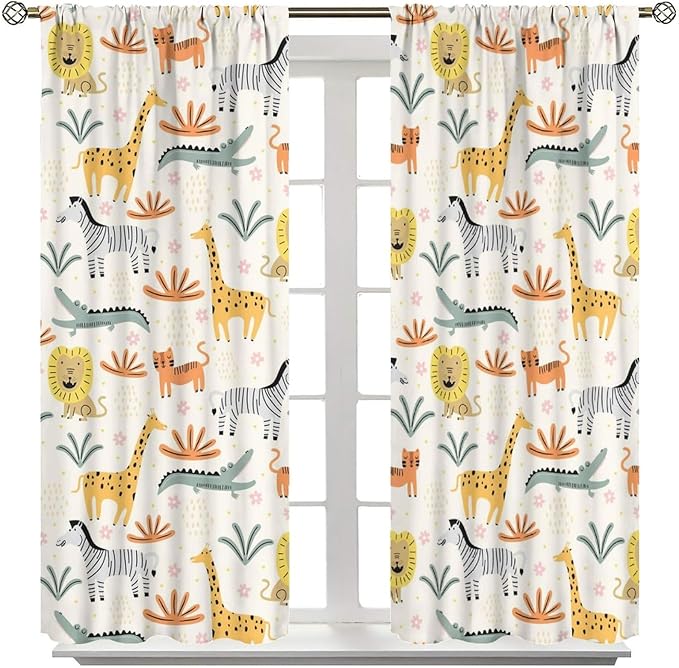 Wild Animals Curtains, Cute Cartoon Animals Zoo with Lion Zebra Crocodile Cat and Giraffe Tropical Jungle Plant Print Window Treatments for Kids Boys Girls Bedroom Living Room 42x45 Inch