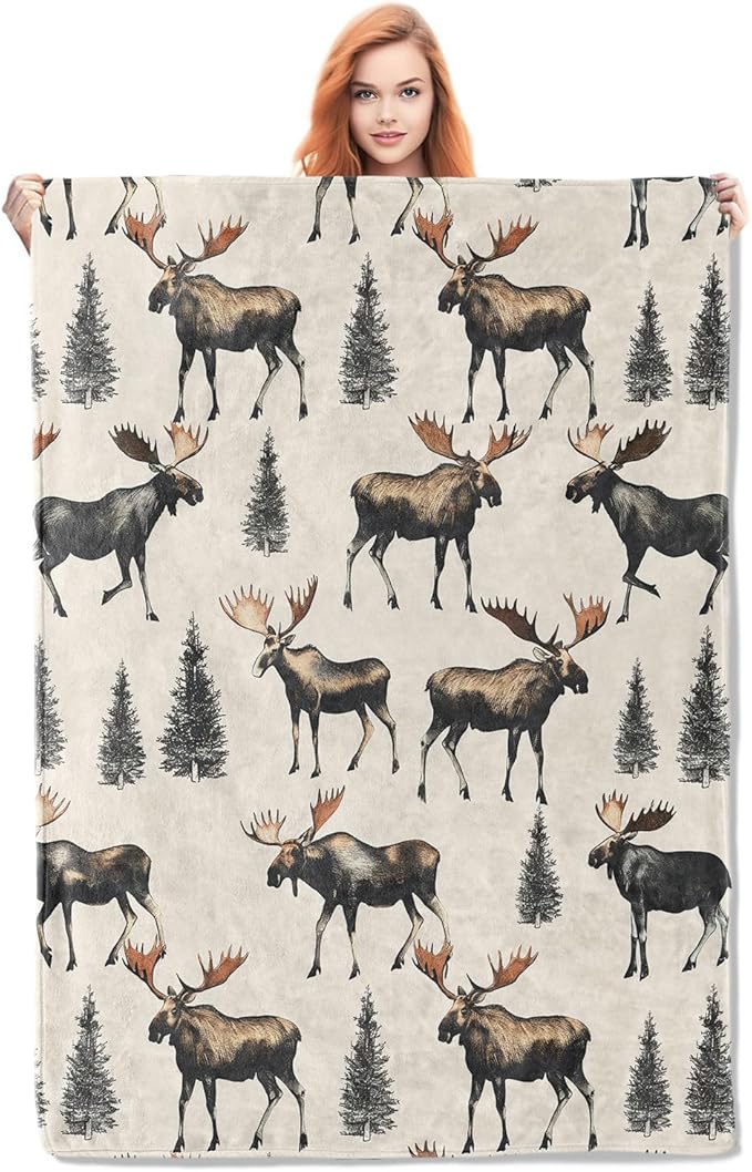 Moose Blanket Gifts for Women Girls Soft Warm Lightweight Cozy Vintage Animal Forest Mooses Throw Blankets for Bed Sofa Couch Living Room Decor 80x60in