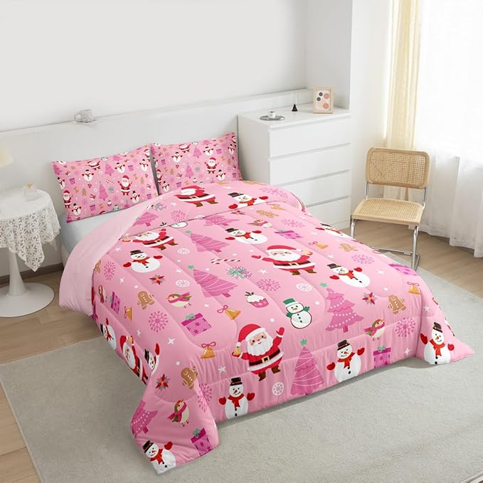 Feelyou Christmas Kids Comforter Set Full Size Happy New Year Bedding Set Santa Claus Duvet Quilt for Kids Boys Girls Bedroom Merry Christmas Decor Microfiber Ultra Soft Breathable