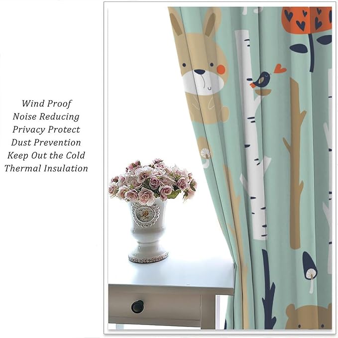 Cute Animals Curtains, Cartoon Fox Hedgehog Hare Forest Trees Blackout Window Treatments, Rod Pocket Thermal Insulated Drapes 2 Panel Sets for Kids Bedroom Nursery Classroom, 63" W X 72" L