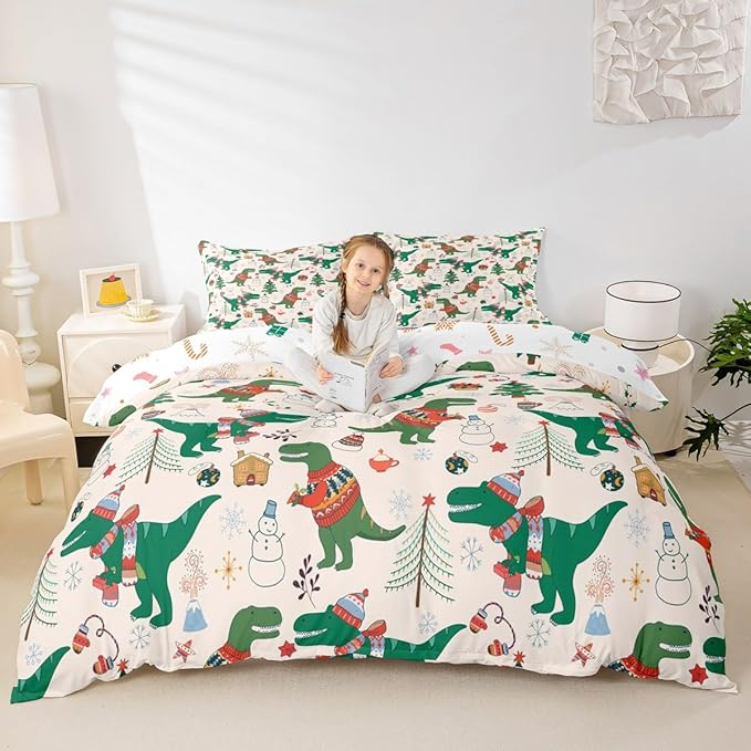 Christmas Bedding Set for Kids Boys Girls Cartoon Dinosaur Christmas Tree Comforter Cover Set Snowman New Year Duvet Cover Bedroom Decor Xmas Theme Bedspread Cover King Size Bedding Collection 3Pcs
