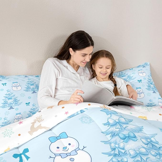 Feelyou Merry Christmas Comforter Set Full Size Cute Snowman Bedding Set for Kids Boys Girls Cartoon Bowknot Duvet Quilt Christmas Tree Microfiber 3 Pcs with 2 Pillow Cases