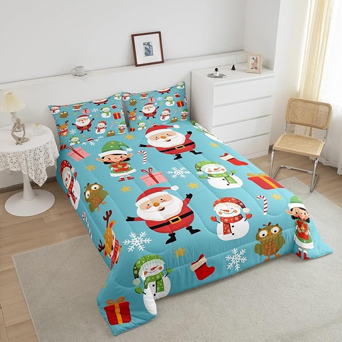 Erosebridal Merry Christmas Comforter Set Cartoon Santa Claus Quilts Full Size Holiday Snowman Deer Elk Bedding Set Xmas Decor for Kids Boys Teens Cute Owl Animal Down Comforter,Blue