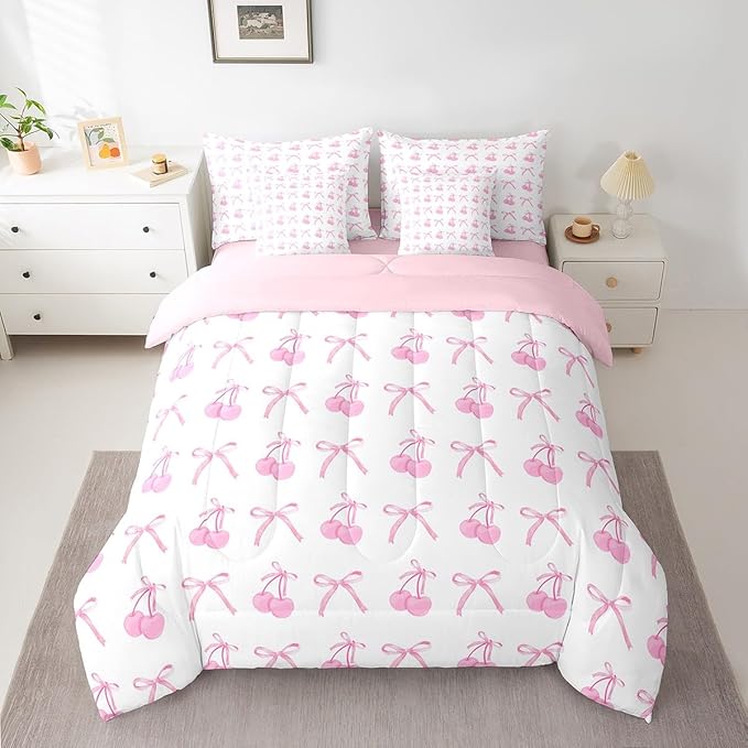 7 Pieces Cherry Bowknot Kid Comforter Set Twin,Pink Bow Tie Butterfly Knot Princess Bedding Set,Cartoon Bow Patchwork Dreamy Sweet（Comforter+Fitted+Flat Sheet+2 Pillowcases+2 Throw Pillow Covers）