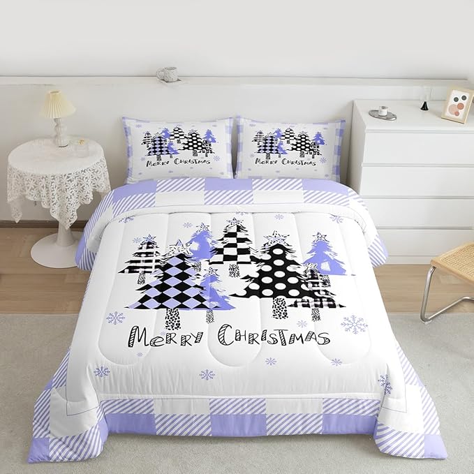 Manfei Xmas Trees Comforter Set Queen Size, Blue Plaid Grid Snowflake Bedding Set 3pcs for Kids Girls Boys Adults Room Decor, Christmas Theme Down Comforter New Year Quilt Set with 2 Pillowcases