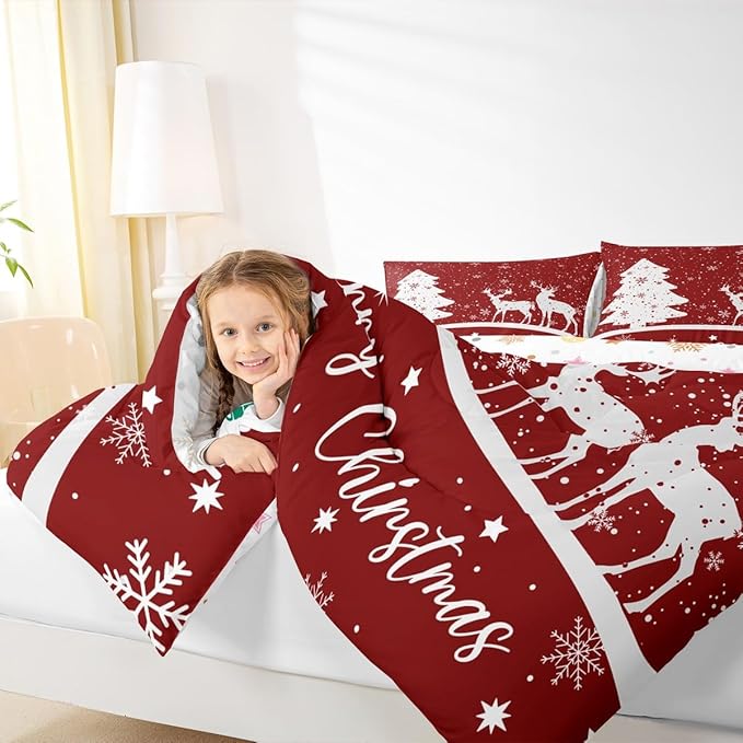Merry Christmas Kids Comforter Set Queen Size,Deer Elk Pine Trees Bedding,Girls Boys Adults Bedroom/Xmas Cabin Decor,Snowflake Romantic Down Comforter,Rustic New Year Red Duvet Insert,2 Pillowcases