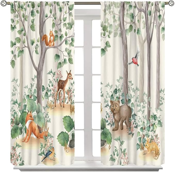 Forest Animal Curtains,Fox Elk Bird Animal Watercolor Woodland Print Curtains Kids Nursery Bedroom Living Room Home Decoration 72x63in