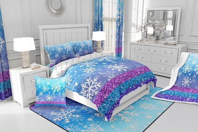 Feelyou Winter Snowflake Comforter Set All Season Glitter Print Bedding Set with 1 Pillow Cases Christmas Microfiber Kids Toddler Bedclothes Holiday New Year Bedroom Decor Duvet Quilt Soft