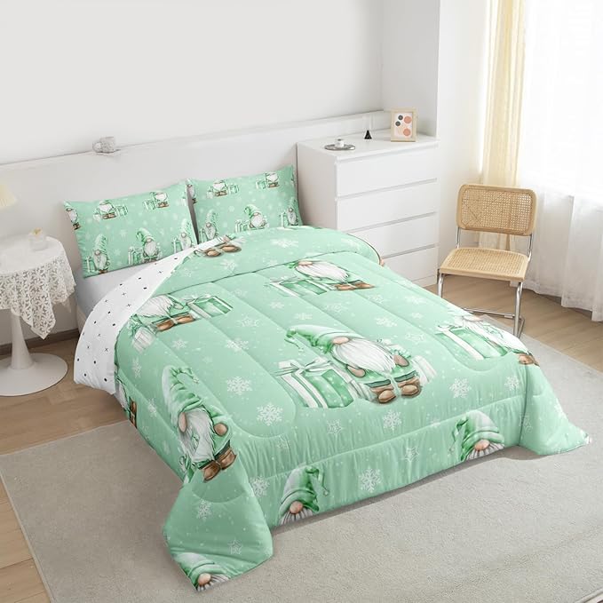 Feelyou Green Christmas Comforter Set All Season Scandinavian Christmas Santa Gnomes Bedding Set with 1 Pillow Cases Xmas Snowflake Kids Twin Bedclothes Bedroom Decor Breathable Soft