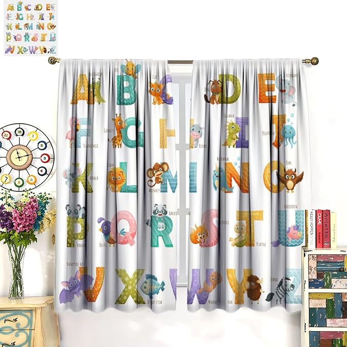 Kids Alphabet Curtains Educational Baby Cartoon Animals Colorful Cute Curtain with Rod Pocket for Nursery Living Room Home Decor Drapes Window Treatments 2 Panels Set 72x63in